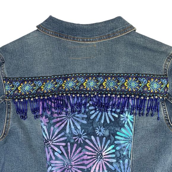 Boho Artisan Denim Jacket Embellished Beaded Floral Artsy Chic Country Glam - Picture 8 of 13